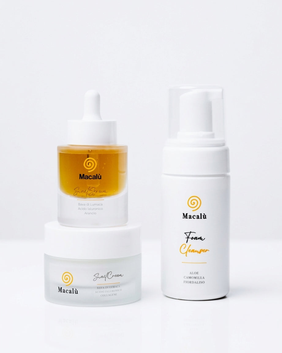 Bundle skincare Macalù: crema, siero e mousse detergente